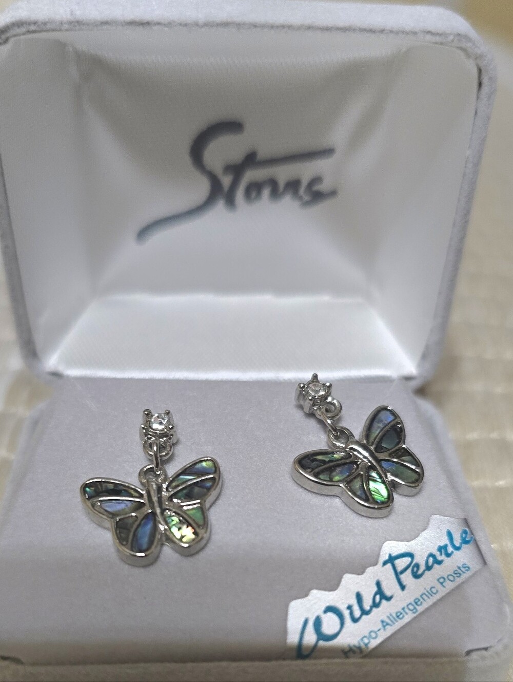 Sterling Butterfly Abalone Drop Earrings - Iridescent Green/Blue